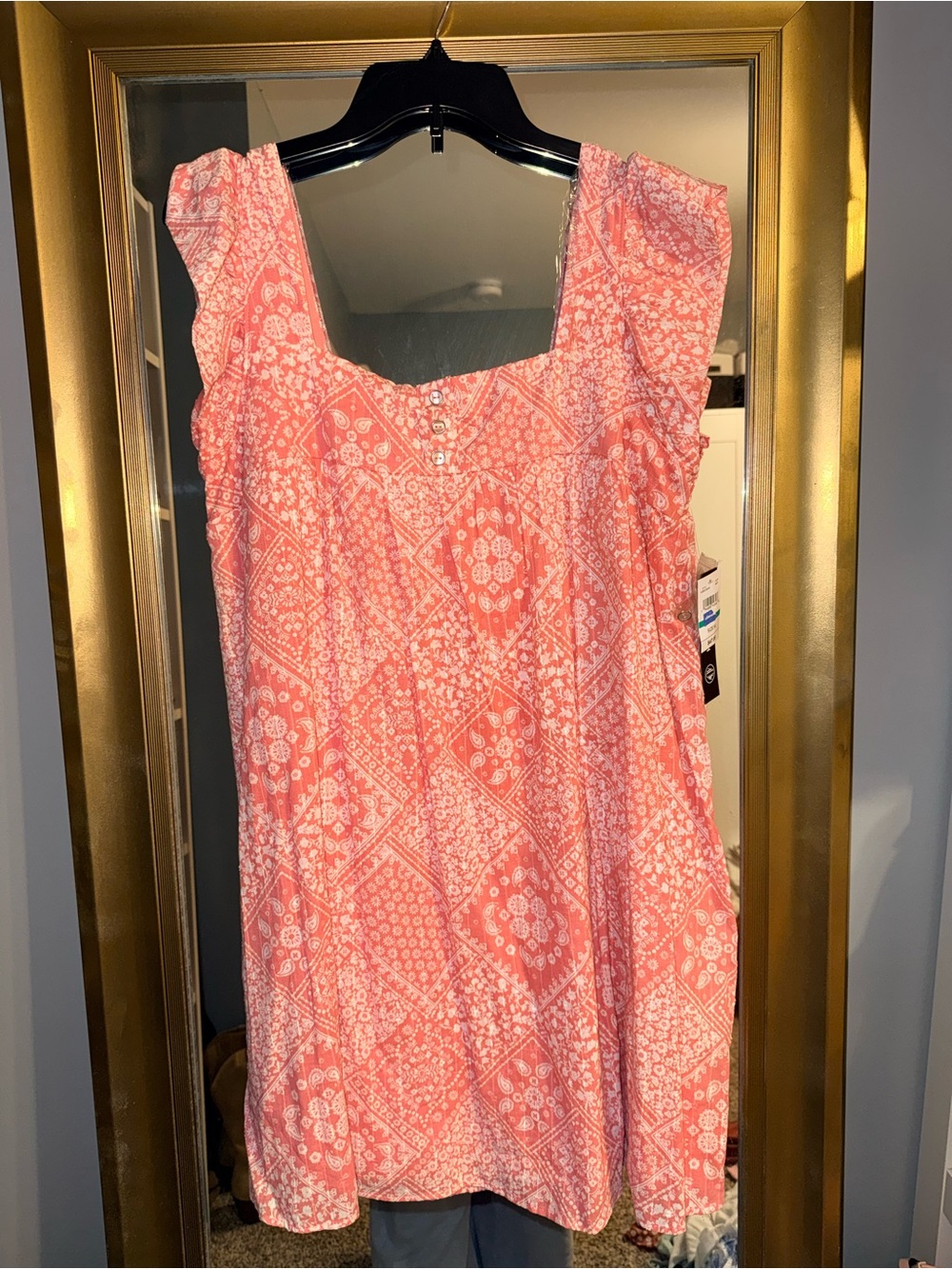Coral Pink Printed Square-Neck Mini Dress
